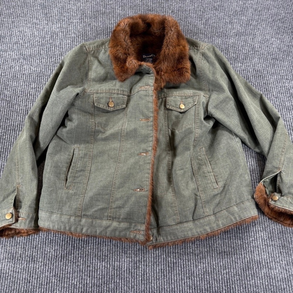 Denim & Co Trucker Jacket Faux Fur Lined Heavy Canvas Coat Mens XL Olive Green